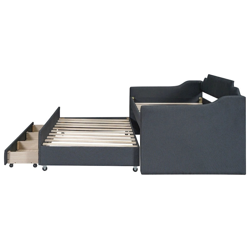 Letto a Giorno a Due Letti con Rotelle e 3 Cassetti, Stile Divano, 1 Posto, Colore Beige