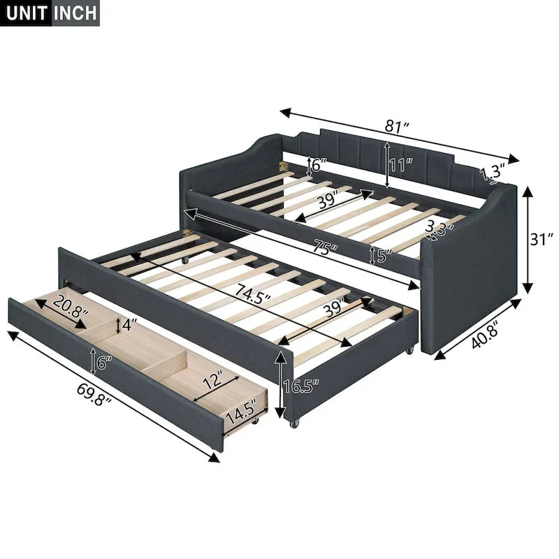 Letto a Giorno a Due Letti con Rotelle e 3 Cassetti, Stile Divano, 1 Posto, Colore Beige