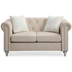 Divano Chesterfield 2 posti in velluto con cuscini decorativi – Beige / Verde / Rosa