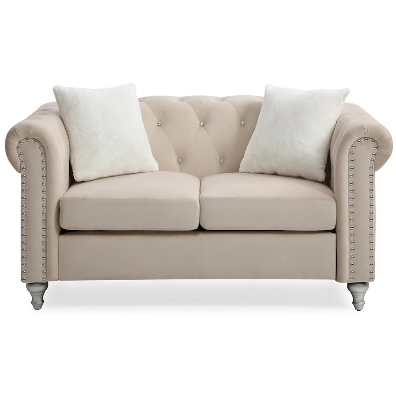 Divano Chesterfield 2 posti in velluto con cuscini decorativi – Beige / Verde / Rosa