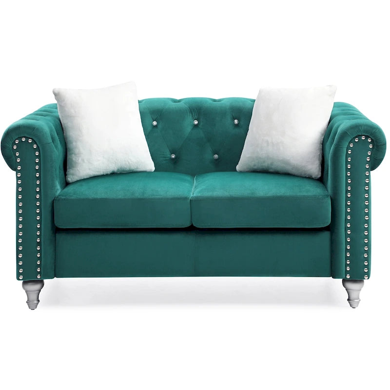 Divano Chesterfield 2 posti in velluto con cuscini decorativi – Beige / Verde / Rosa
