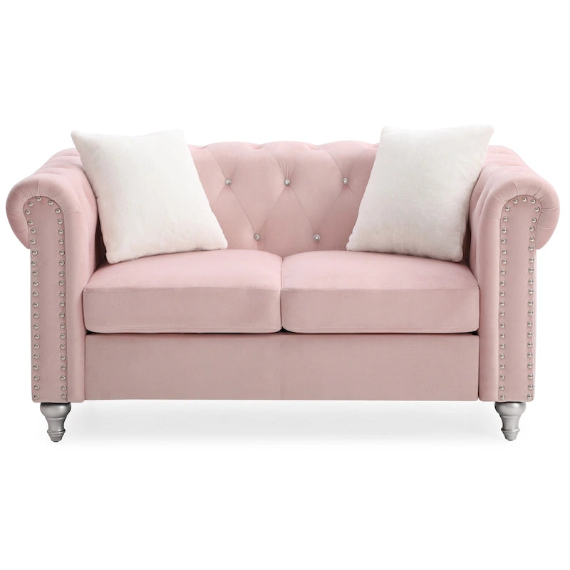 Divano Chesterfield 2 posti in velluto con cuscini decorativi – Beige / Verde / Rosa