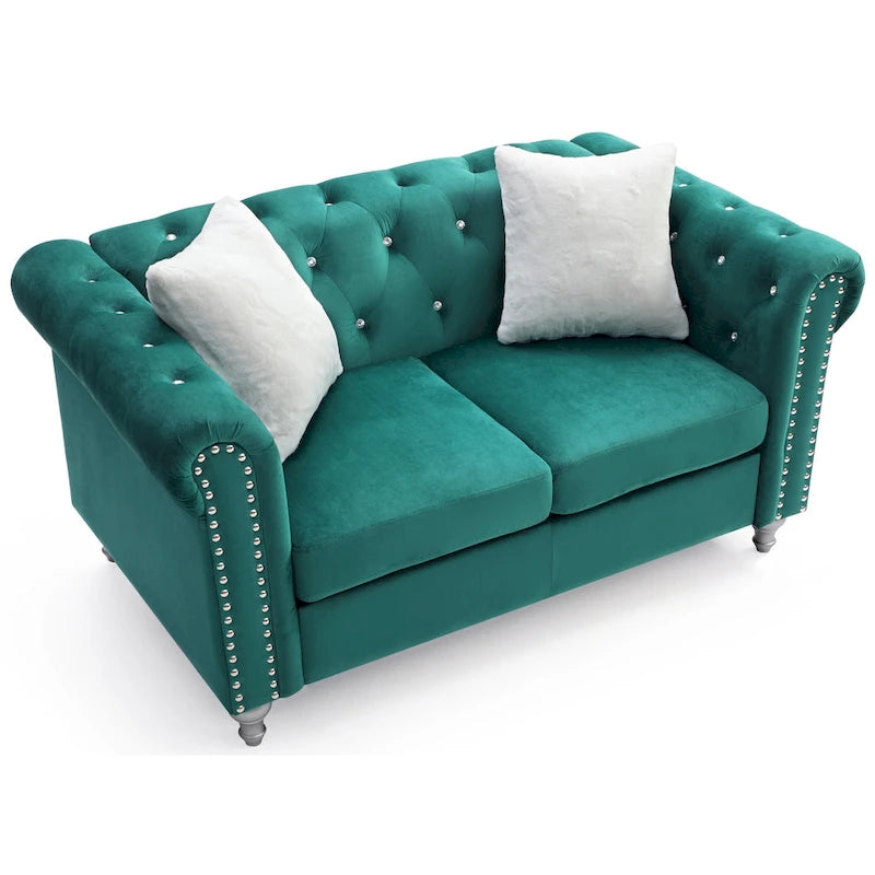 Divano Chesterfield 2 posti in velluto con cuscini decorativi – Beige / Verde / Rosa