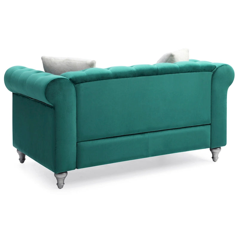 Divano Chesterfield 2 posti in velluto con cuscini decorativi – Beige / Verde / Rosa