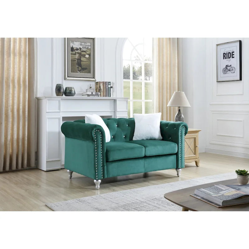 Divano Chesterfield 2 posti in velluto con cuscini decorativi – Beige / Verde / Rosa