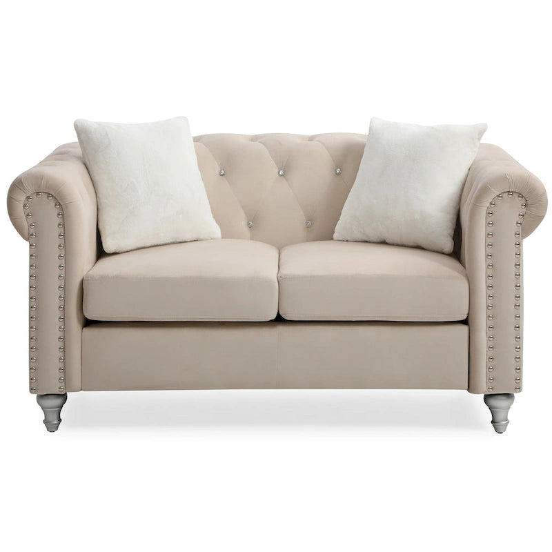 Divano Chesterfield 2 posti in velluto con cuscini decorativi – Beige / Verde / Rosa