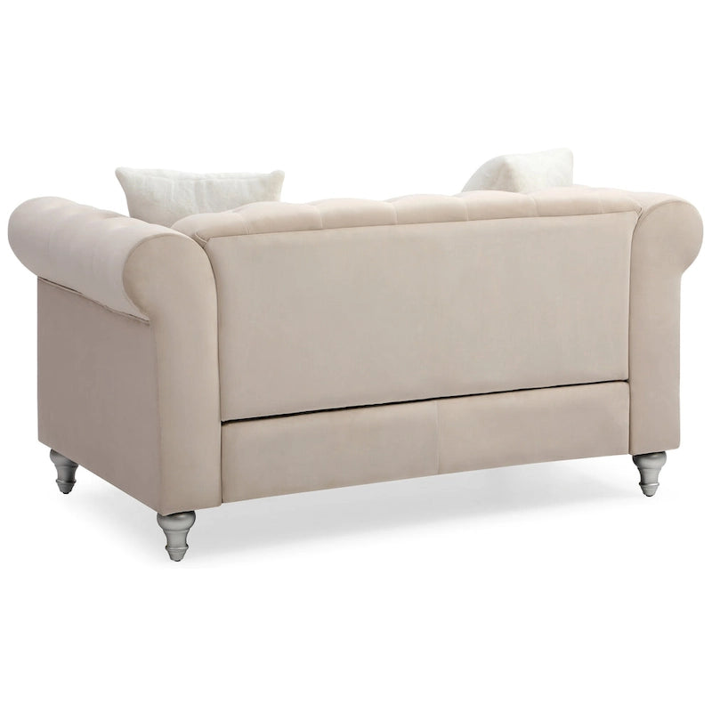 Divano Chesterfield 2 posti in velluto con cuscini decorativi – Beige / Verde / Rosa