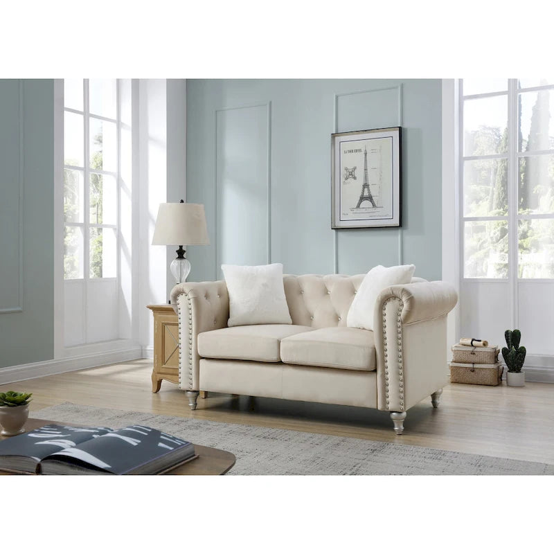 Divano Chesterfield 2 posti in velluto con cuscini decorativi – Beige / Verde / Rosa