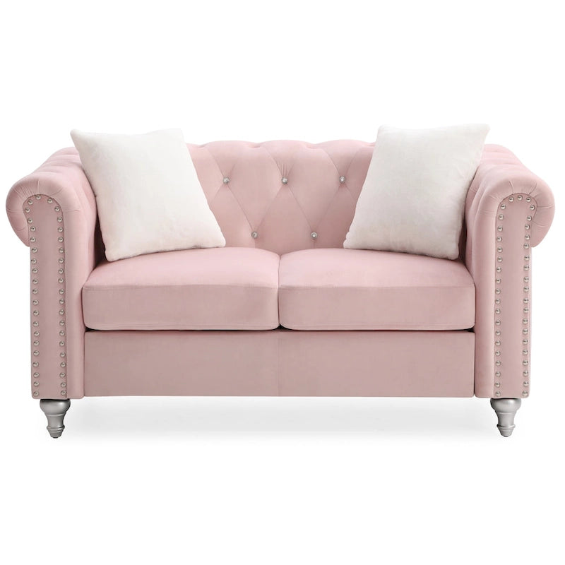 Divano Chesterfield 2 posti in velluto con cuscini decorativi – Beige / Verde / Rosa