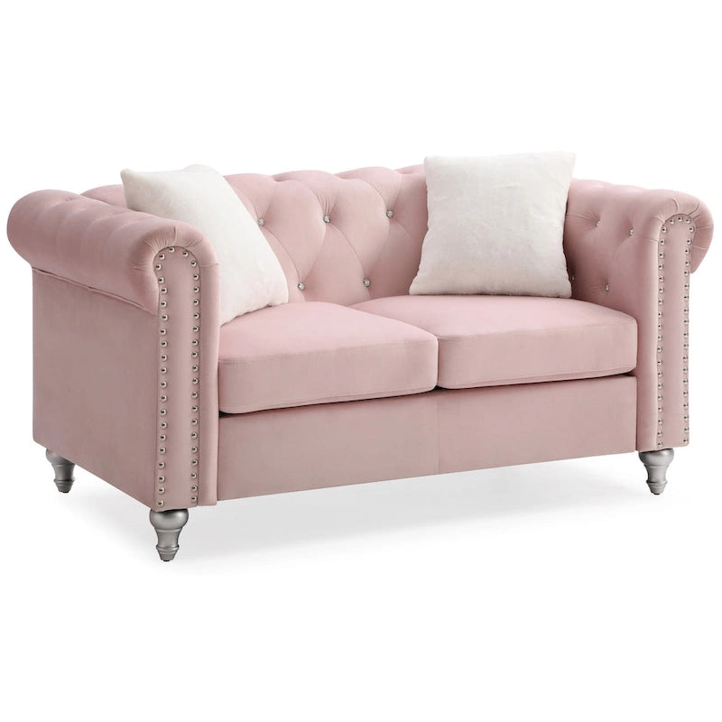 Divano Chesterfield 2 posti in velluto con cuscini decorativi – Beige / Verde / Rosa