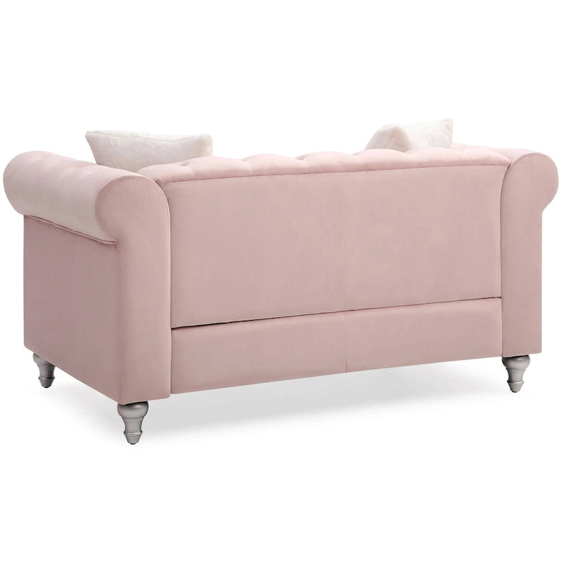Divano Chesterfield 2 posti in velluto con cuscini decorativi – Beige / Verde / Rosa