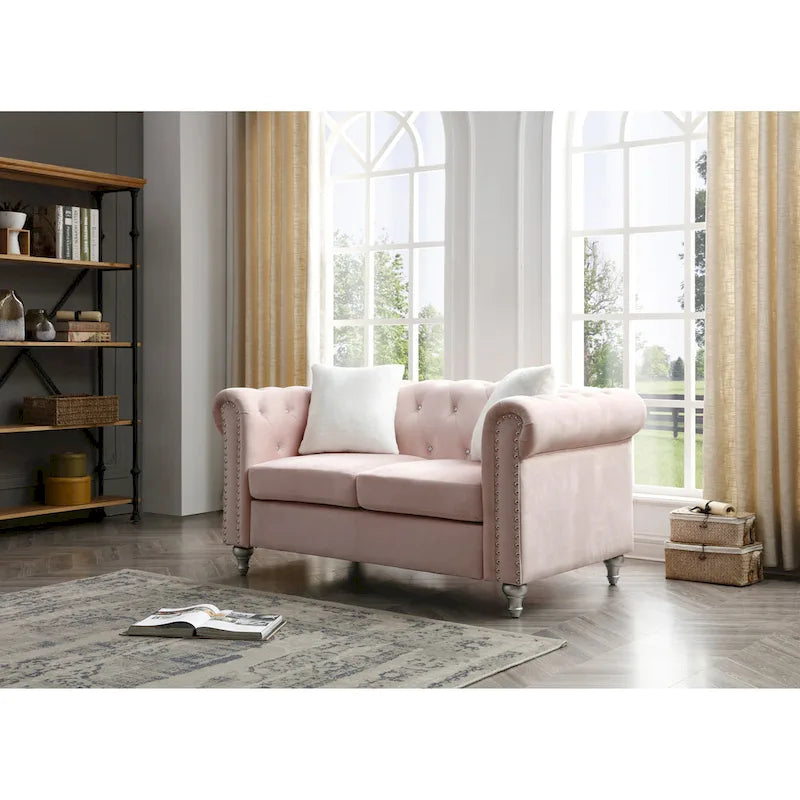 Divano Chesterfield 2 posti in velluto con cuscini decorativi – Beige / Verde / Rosa