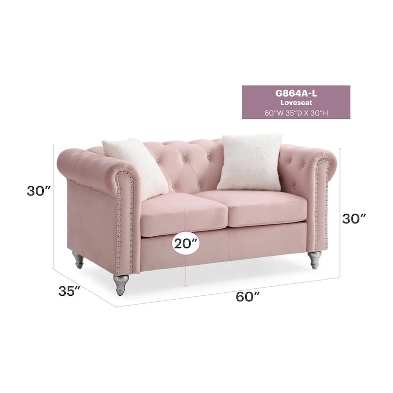 Divano Chesterfield 2 posti in velluto con cuscini decorativi – Beige / Verde / Rosa