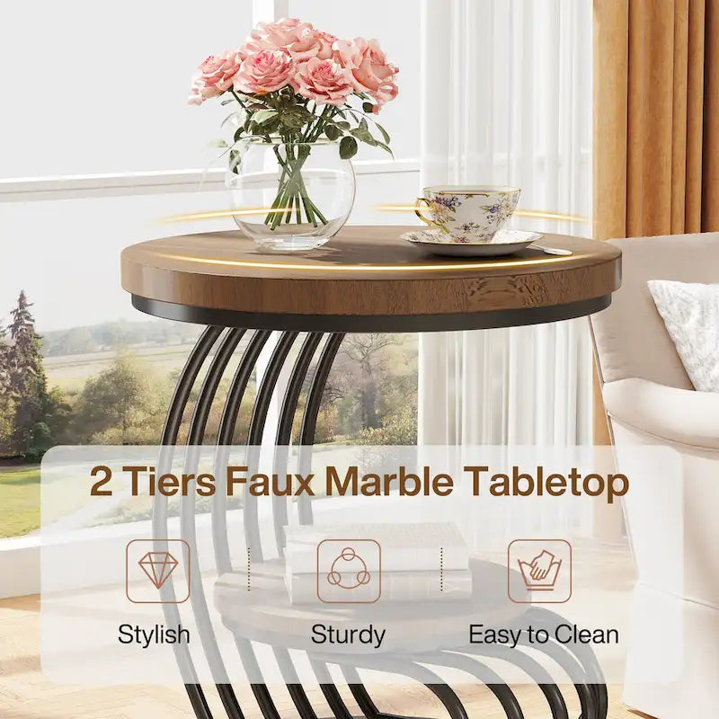 Tavolino rotondo a 2 ripiani bianco e oro/marrone scuro/marrone chiaro