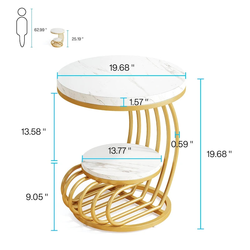 Tavolino rotondo a 2 ripiani bianco e oro/marrone scuro/marrone chiaro