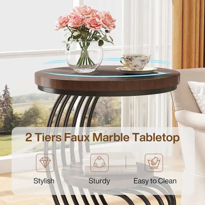 Tavolino rotondo a 2 ripiani bianco e oro/marrone scuro/marrone chiaro