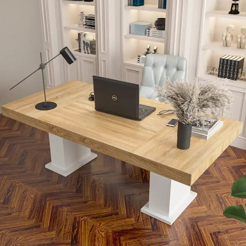 Practical Large Wooden Desk Copmputer Desk Dining Table w/White Base