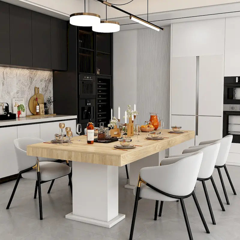 Tavolo con Piano Effetto Legno e Base Bianca, Multiuso, 4-6 Posti
