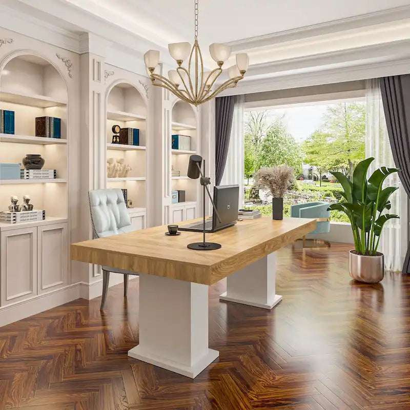 Tavolo con Piano Effetto Legno e Base Bianca, Multiuso, 4-6 Posti