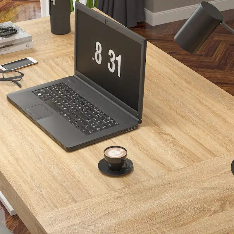 Tavolo con Piano Effetto Legno e Base Bianca, Multiuso, 4-6 Posti