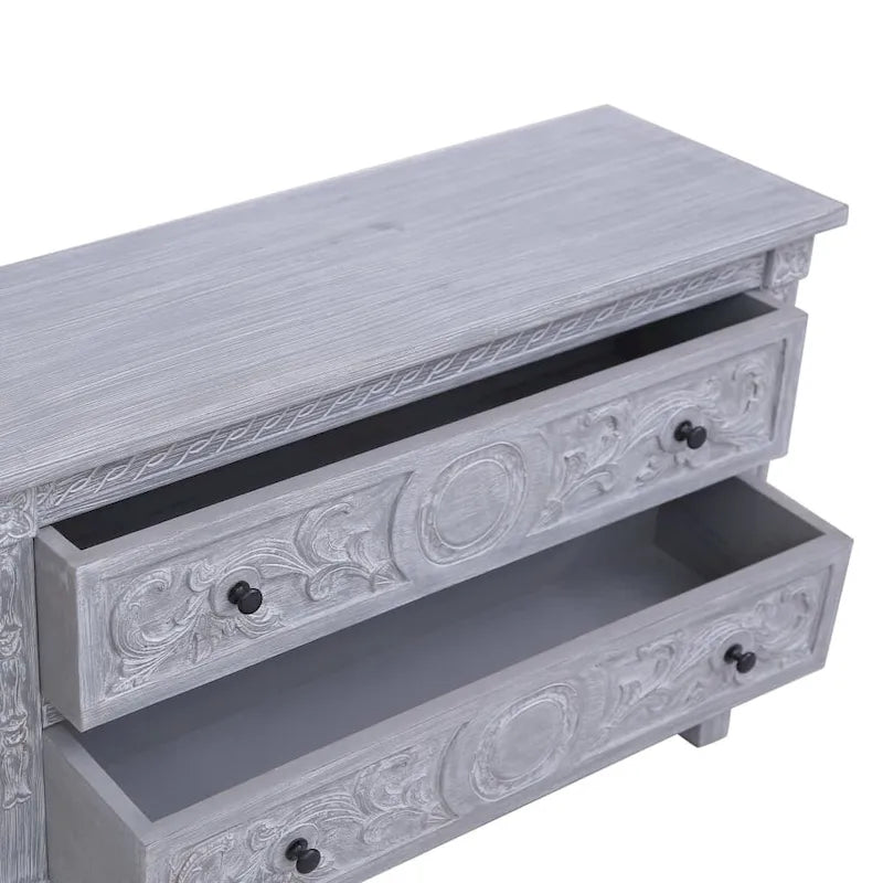 Credenza grigia a 2 cassetti, legno massello di mogano, montaggio 1 persona