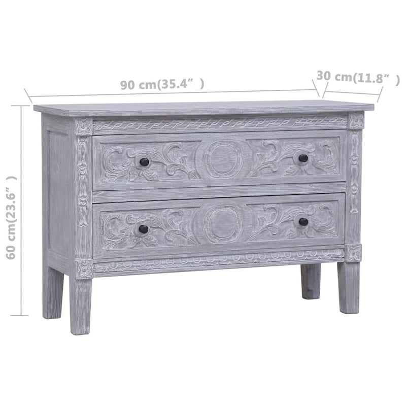 Credenza grigia a 2 cassetti, legno massello di mogano, montaggio 1 persona