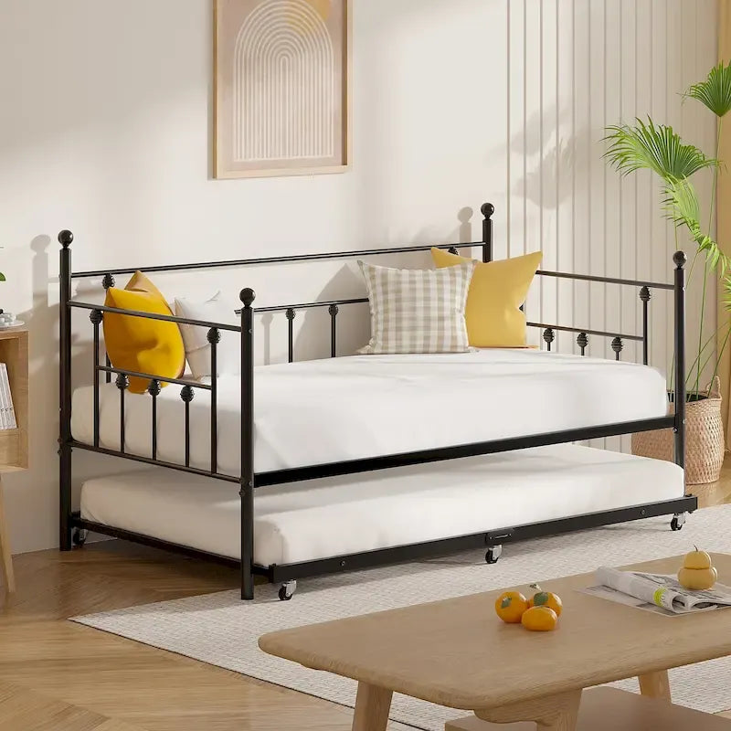 Divano letto in metallo nero con letto estraibile, piazza singola, 2 posti letto