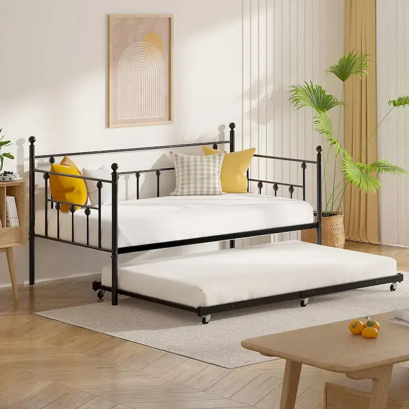 Divano letto in metallo nero con letto estraibile, piazza singola, 2 posti letto