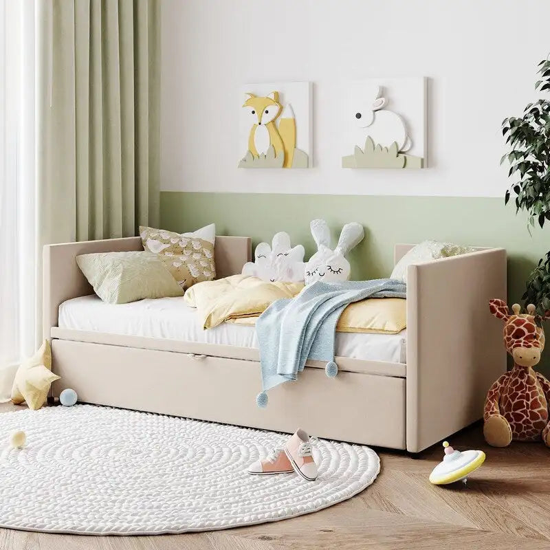 Divano letto imbottito in velluto rosa / grigio / beige con letto estraibile, da una piazza e mezza a matrimoniale, 2 persone