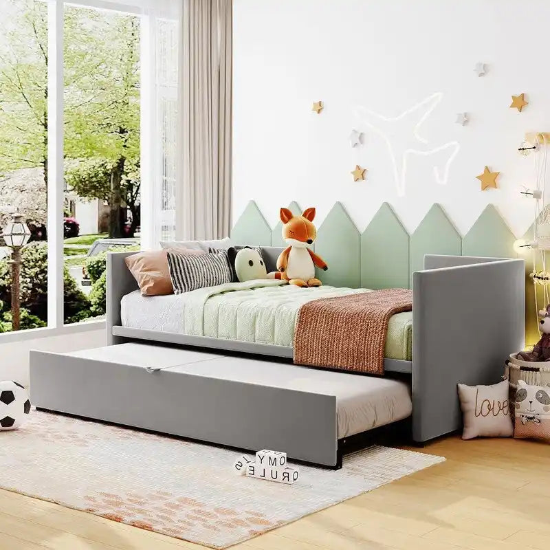 Divano letto imbottito in velluto rosa / grigio / beige con letto estraibile, da una piazza e mezza a matrimoniale, 2 persone