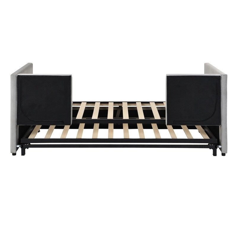 Divano letto imbottito in velluto rosa / grigio / beige con letto estraibile, da una piazza e mezza a matrimoniale, 2 persone