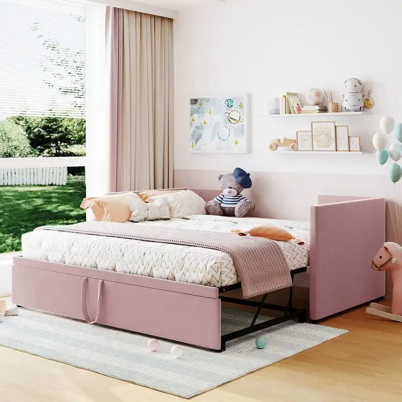 Divano letto imbottito in velluto rosa / grigio / beige con letto estraibile, da una piazza e mezza a matrimoniale, 2 persone