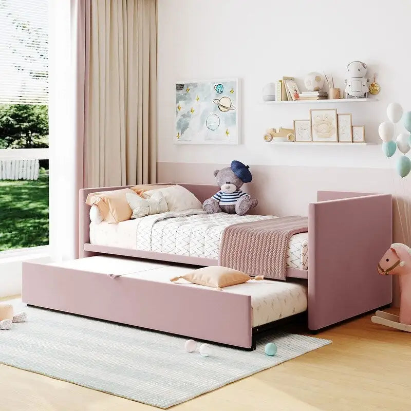 Divano letto imbottito in velluto rosa / grigio / beige con letto estraibile, da una piazza e mezza a matrimoniale, 2 persone
