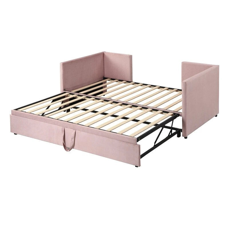 Divano letto imbottito in velluto rosa / grigio / beige con letto estraibile, da una piazza e mezza a matrimoniale, 2 persone