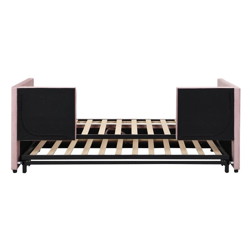 Divano letto imbottito in velluto rosa / grigio / beige con letto estraibile, da una piazza e mezza a matrimoniale, 2 persone
