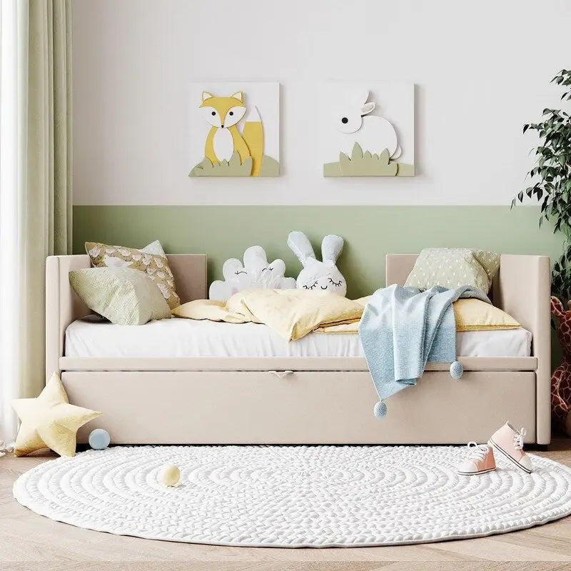 Divano letto imbottito in velluto rosa / grigio / beige con letto estraibile, da una piazza e mezza a matrimoniale, 2 persone