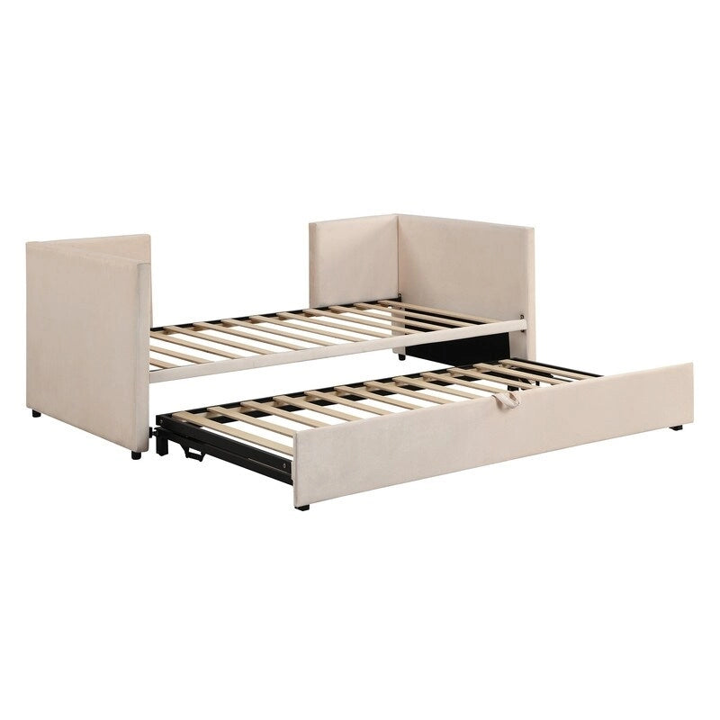 Divano letto imbottito in velluto rosa / grigio / beige con letto estraibile, da una piazza e mezza a matrimoniale, 2 persone