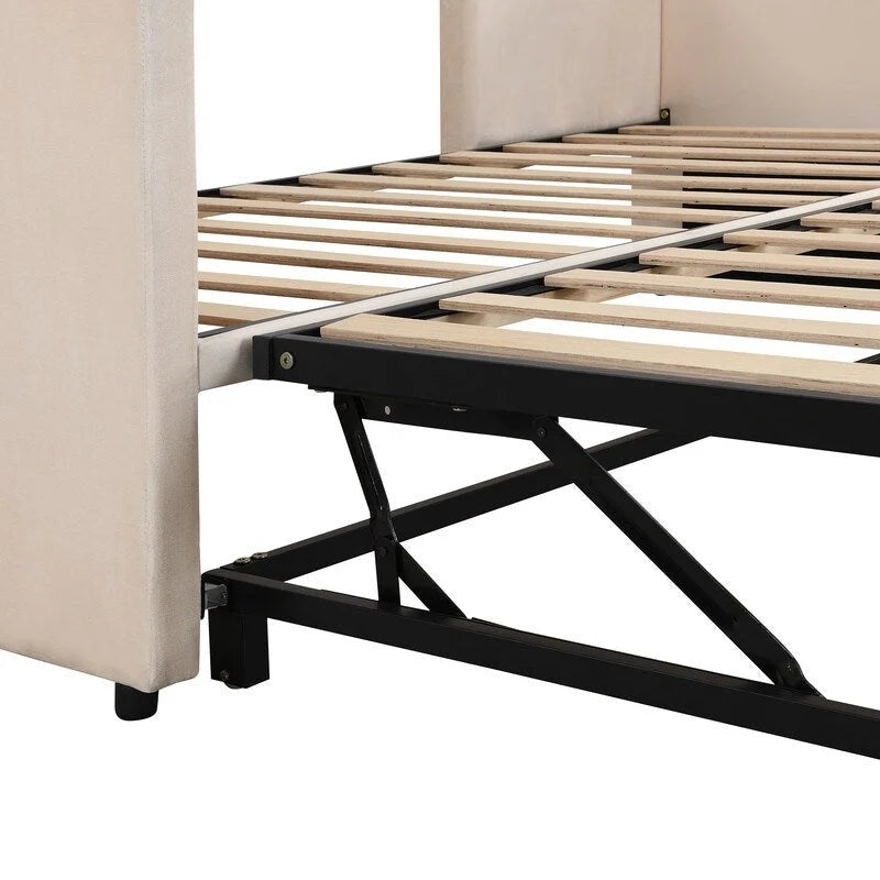 Divano letto imbottito in velluto rosa / grigio / beige con letto estraibile, da una piazza e mezza a matrimoniale, 2 persone