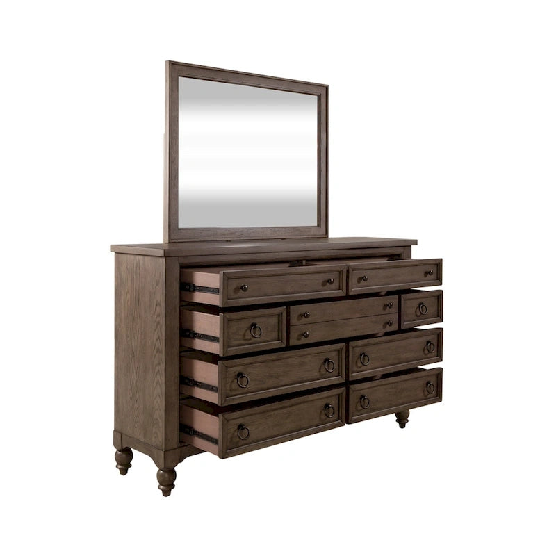 Set letto imbottito Dusty Taupe, cassettiera e specchio – Queen/King, per 2 persone