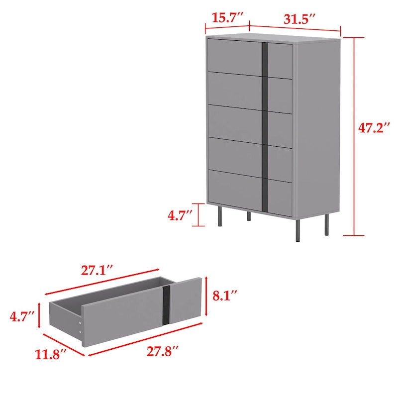 Cassettiera in legno grigio a 5 cassetti con gambe metalliche regolabili – Montaggio da 1 persona