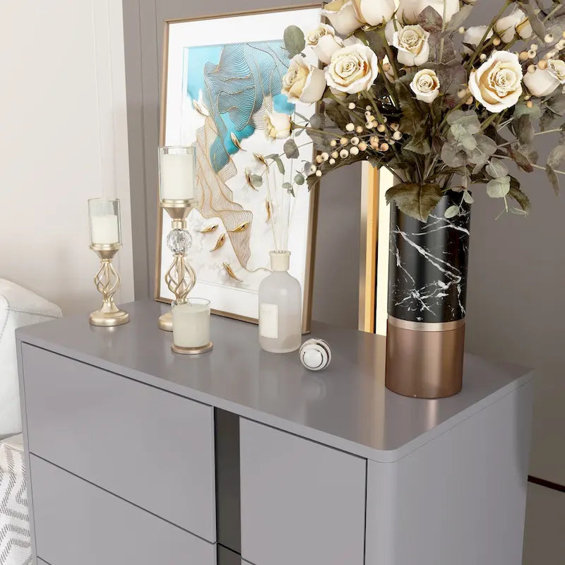 Cassettiera in legno grigio a 5 cassetti con gambe metalliche regolabili – Montaggio da 1 persona