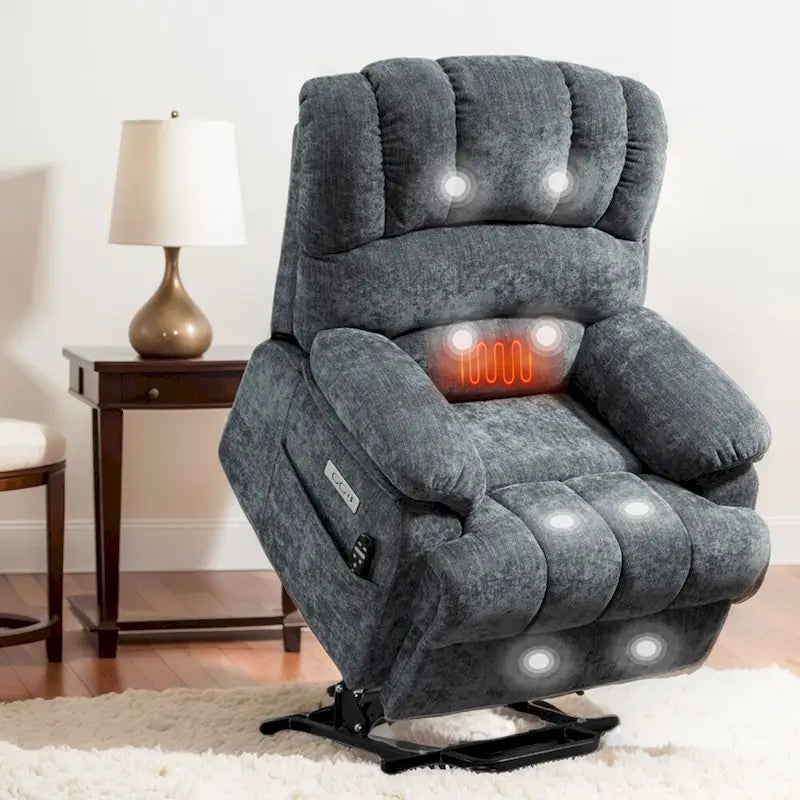 Poltrona reclinabile elettrica in ciniglia blu-grigio / beige / marrone scuro, seduta singola