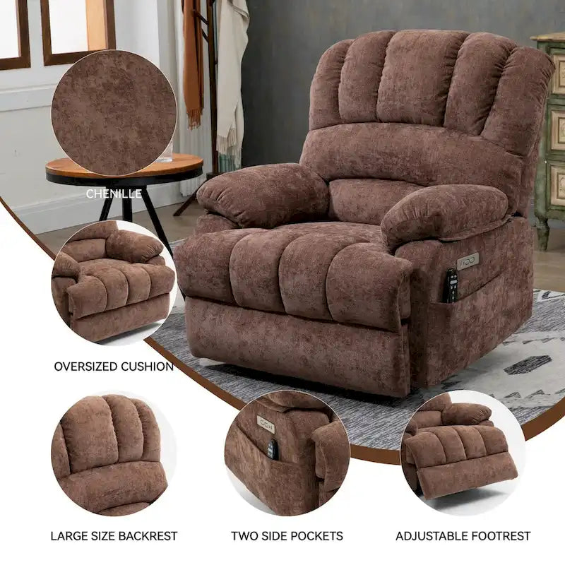 Poltrona reclinabile elettrica in ciniglia blu-grigio / beige / marrone scuro, seduta singola