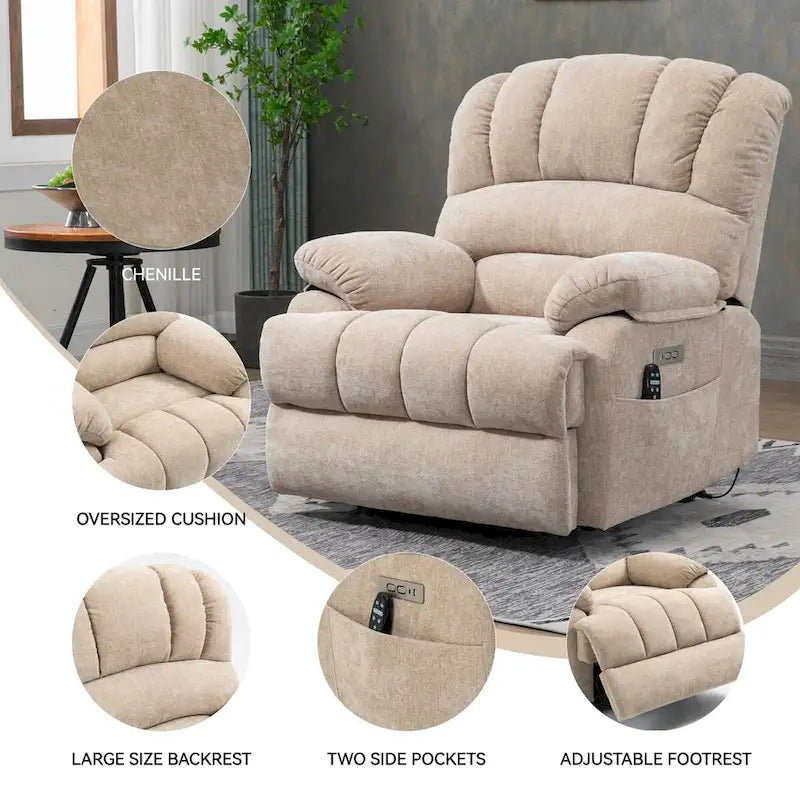 Poltrona reclinabile elettrica in ciniglia blu-grigio / beige / marrone scuro, seduta singola