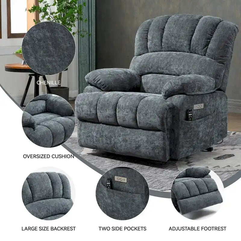 Poltrona reclinabile elettrica in ciniglia blu-grigio / beige / marrone scuro, seduta singola
