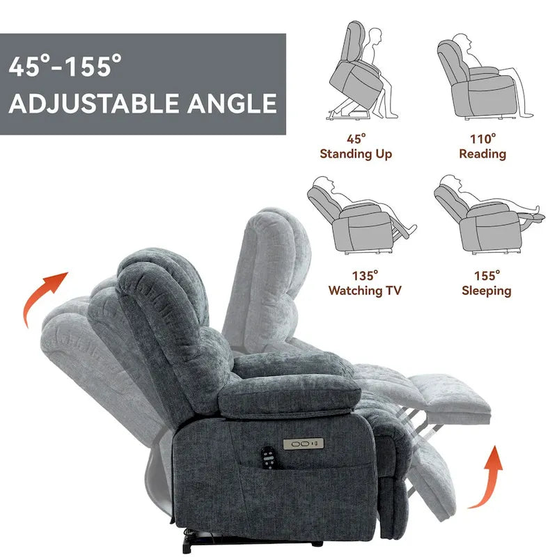 Poltrona reclinabile elettrica in ciniglia blu-grigio / beige / marrone scuro, seduta singola