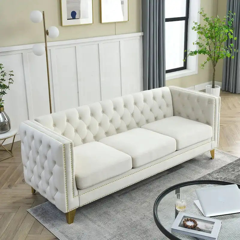 Divano Chesterfield in velluto, 3 posti trapuntato con gambe in metallo (Nero / Grigio / Beige)