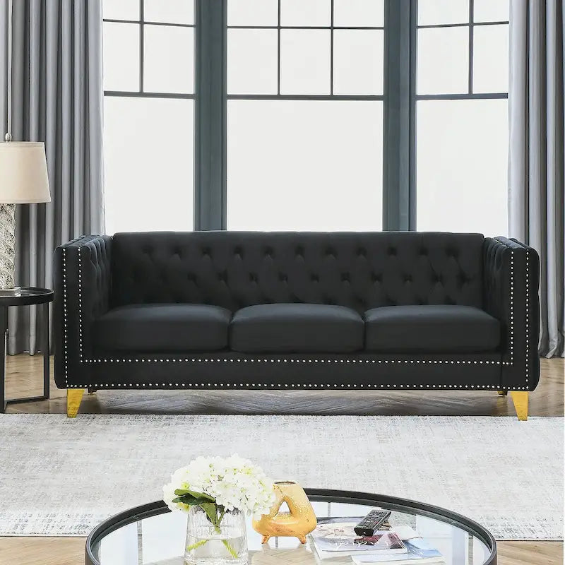 Divano Chesterfield in velluto, 3 posti trapuntato con gambe in metallo (Nero / Grigio / Beige)