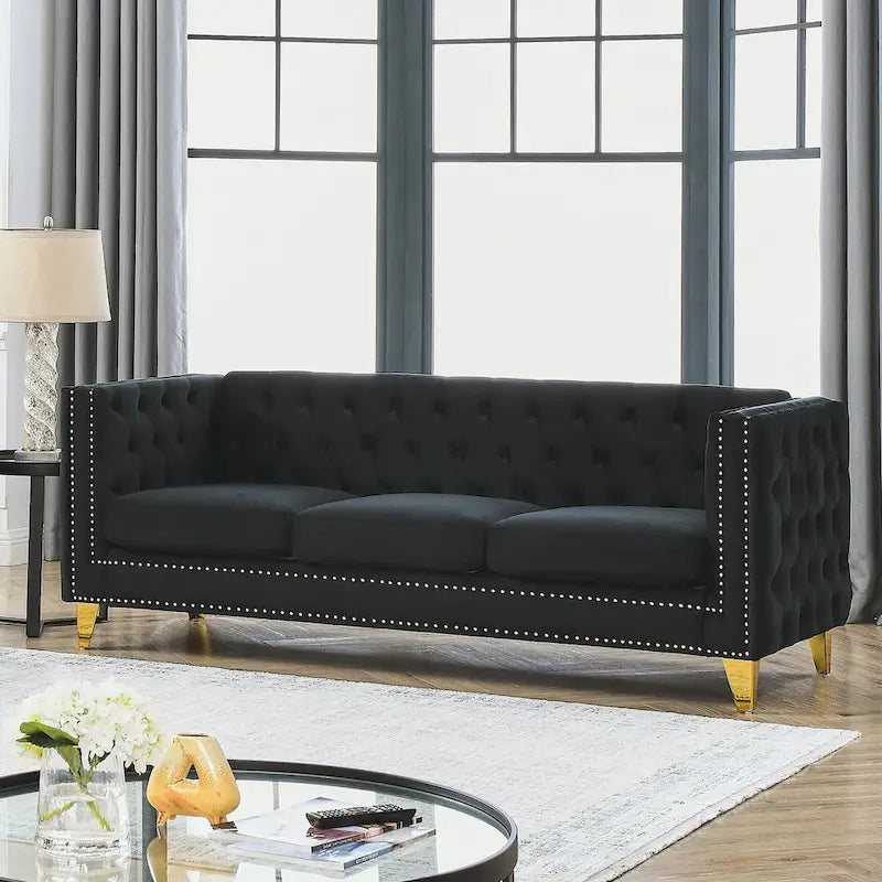 Divano Chesterfield in velluto, 3 posti trapuntato con gambe in metallo (Nero / Grigio / Beige)