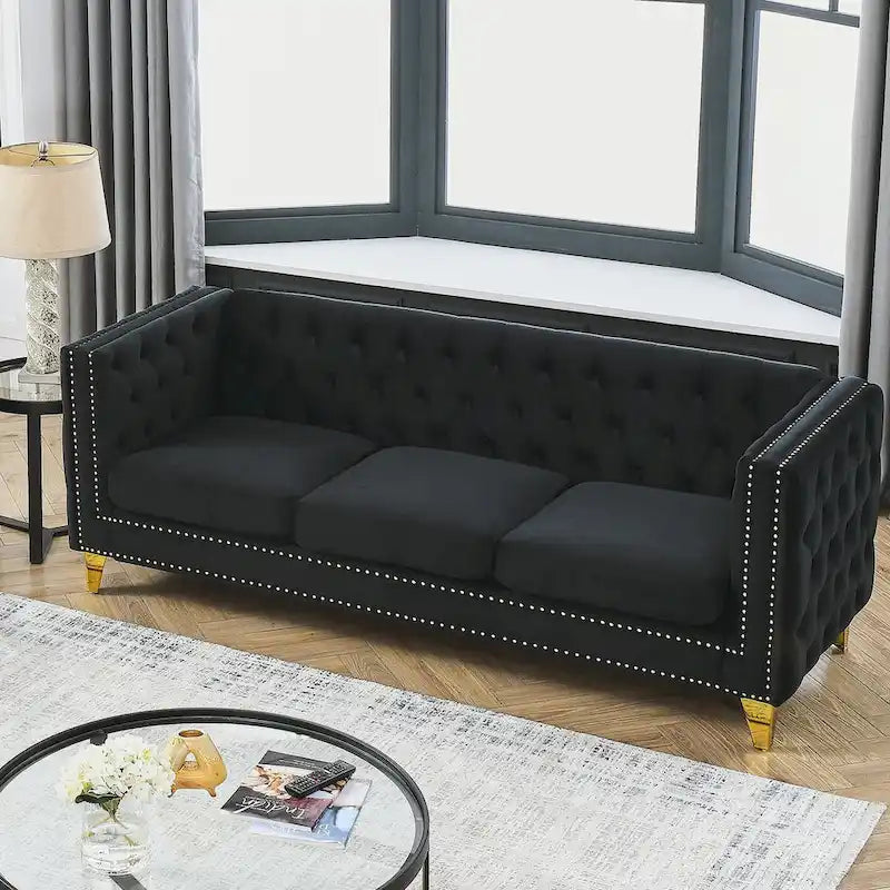 Divano Chesterfield in velluto, 3 posti trapuntato con gambe in metallo (Nero / Grigio / Beige)